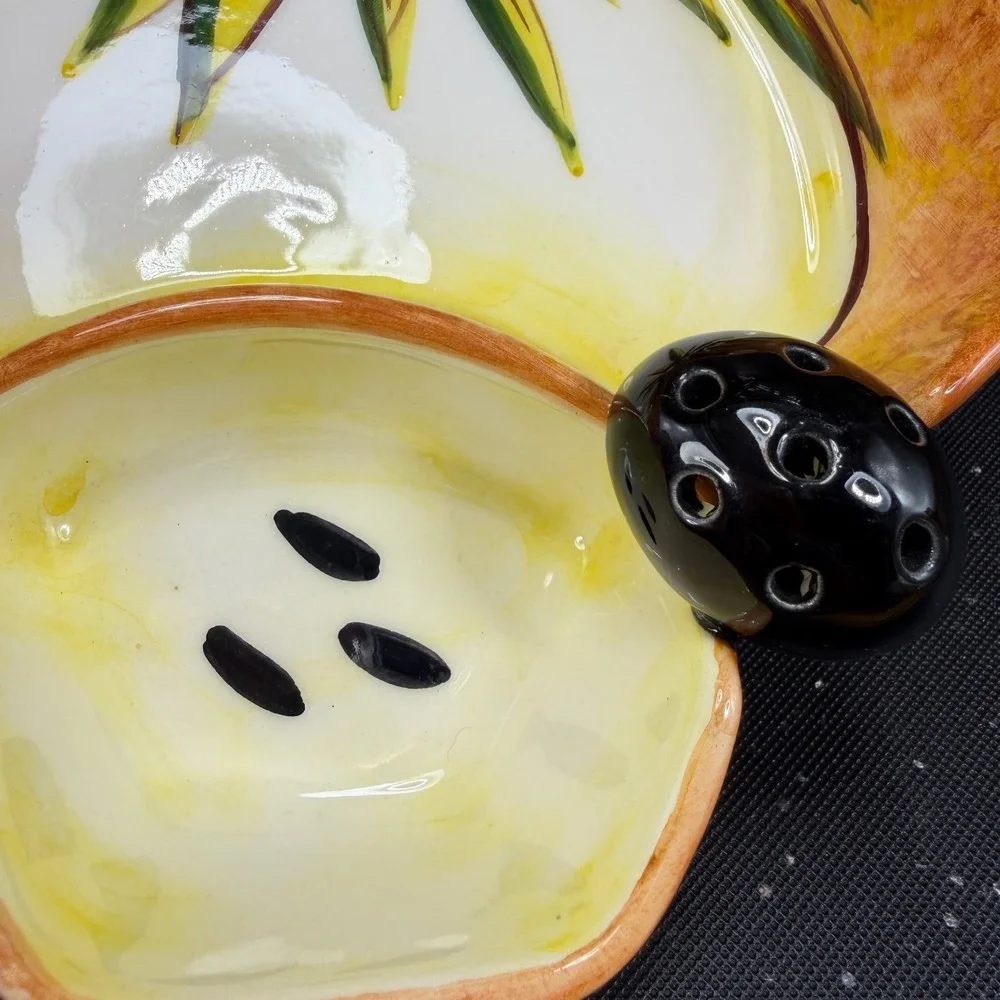 Hand Painted Ceramic Olive Serving Dish Mediterranean Signed 6in Orange Yellow